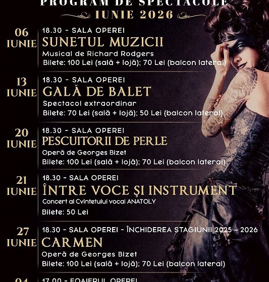  Opera Brașov, program spectacole în luna iunie 2026